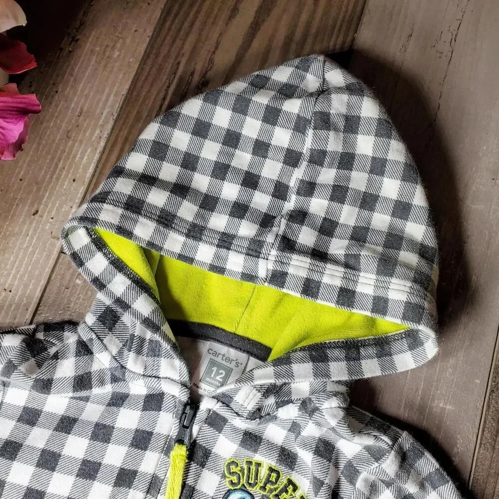 Carter's Gray and White Checkered Hooded Jacket Full Zip Baby Boy Size 12m EUC